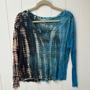 Hard Tail steel Blue and Aqua tie dye v neck Long Sleeve Blouse M